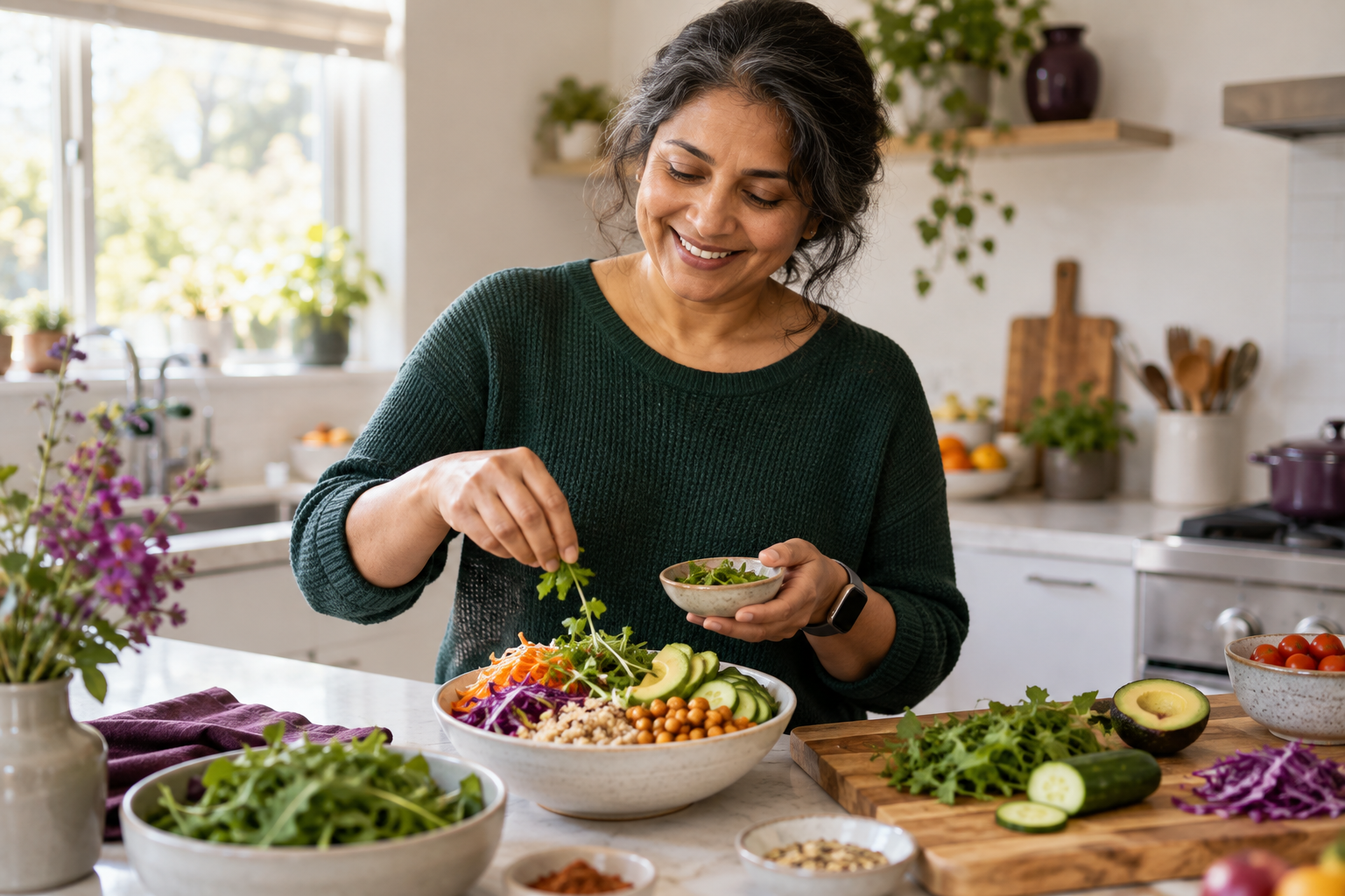 A woman preparing a colourful lunch at home