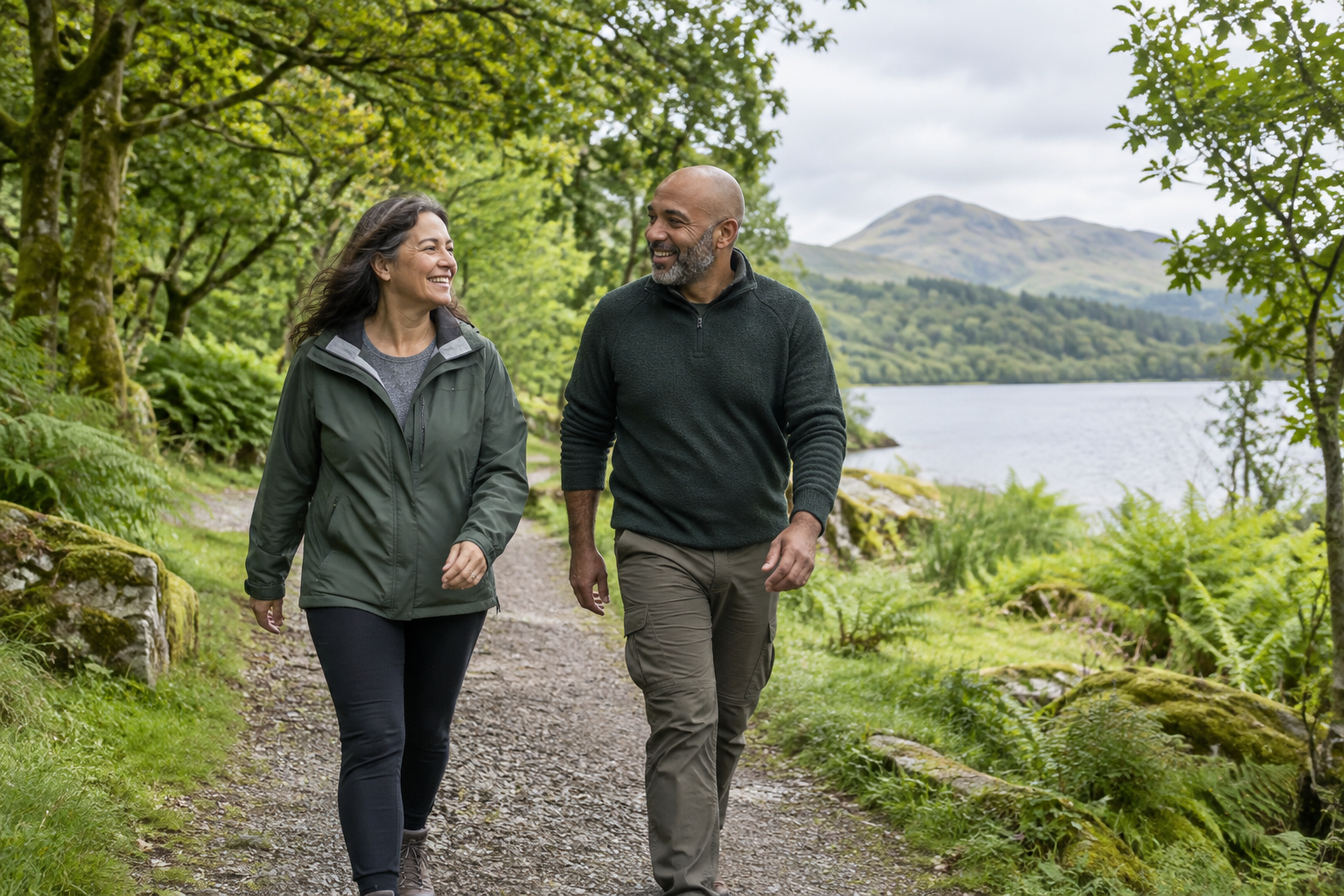 Two adults enjoying a walk beside a Scottish loch